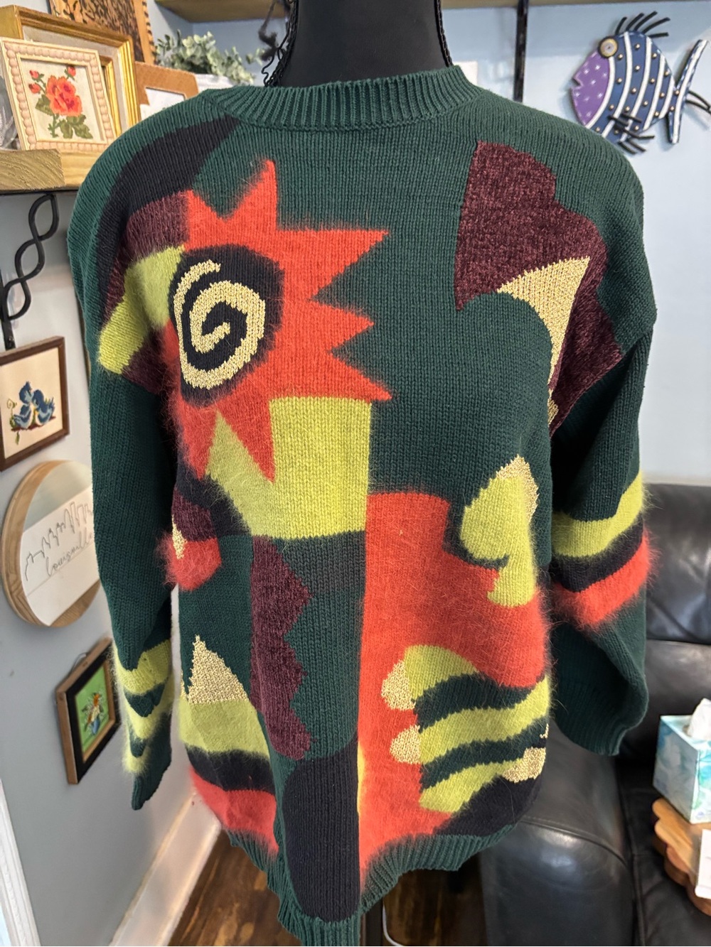 Vtg QUI multicolor abstract womens sweater metallic M fall colors